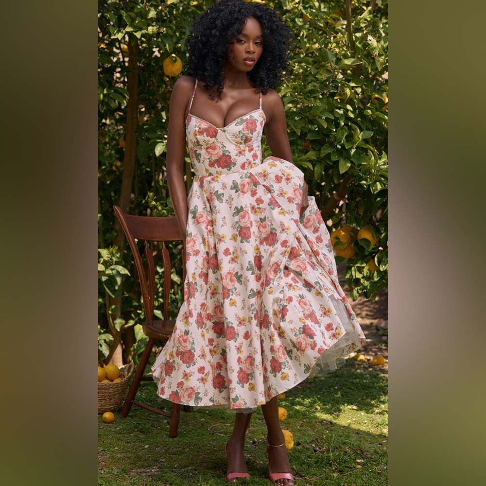 House of CB Mademoiselle Italian Rose Print Tulle Midi Dress